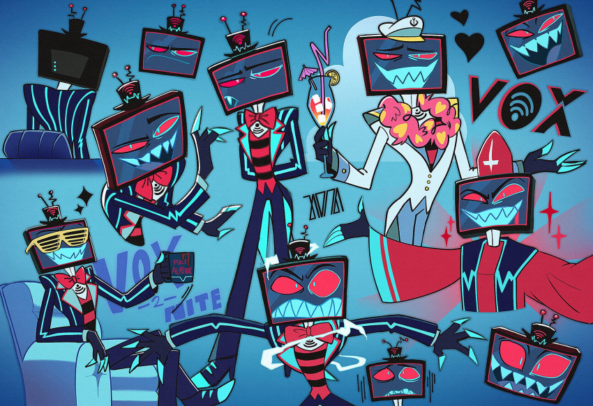 character_name cross demon demon_humanoid electronics for_a_head hazbin_hotel hi_res humanoid inverted_cross m5mona male multiple_poses object_head pose priest screen screen_face screen_head sharp_teeth solo teeth television tv_head vox_(hazbin_hotel)