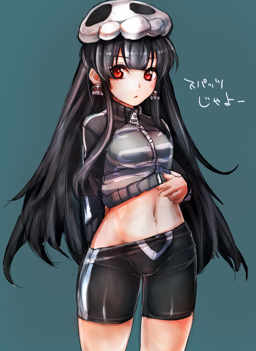 :< bike_shorts black_shorts borrowed_character clothes_lift commentary_request dokurohime earrings female highres jacket jewelry long_hair looking_at_viewer midriff navel original red_eyes shorts simple_background skirt skirt_lift skull solo taishi_(picchiridou) track_jacket zipper