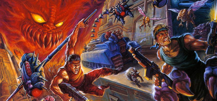 1990s_(style) 2boys alien armor army assault_rifle attack bandana battle bill_rizer black_hair blonde_hair body_armor box_art building canine cannon captured cityscape claws clenched_teeth contra contra_iii_the_alien_wars cover cropped damaged dirty drill drone dutch_angle fangs firing flamethrower flying game_console gameplay_mechanics glowing glowing_eye glowing_eyes gun hanging helmet highres insect_wings jaws lance_bean machinery manly mecha military military_vehicle missile_pod monster motor_vehicle multiple_boys muscular official_art perspective promotional_art realistic red_eyes red_falcon_(contra) retro_artstyle rifle robot rocket_launcher running scan science_fiction shouting size_difference smoke soldier spikes super_nintendo tank teeth tom_dubois traditional_media turret video_game_cover weapon wings