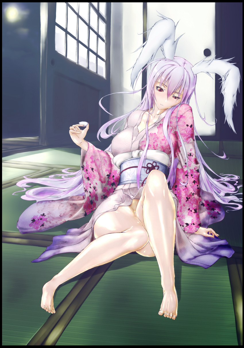 animal_ears arm_support bad_id bad_nicoseiga_id bare_legs barefoot blush cup female floral_print highres hiichisato japanese_clothes kimono long_hair obi rabbit_ears red_eyes reisen_udongein_inaba sakazuki sash shiny_skin sitting solo tatami touhou very_long_hair