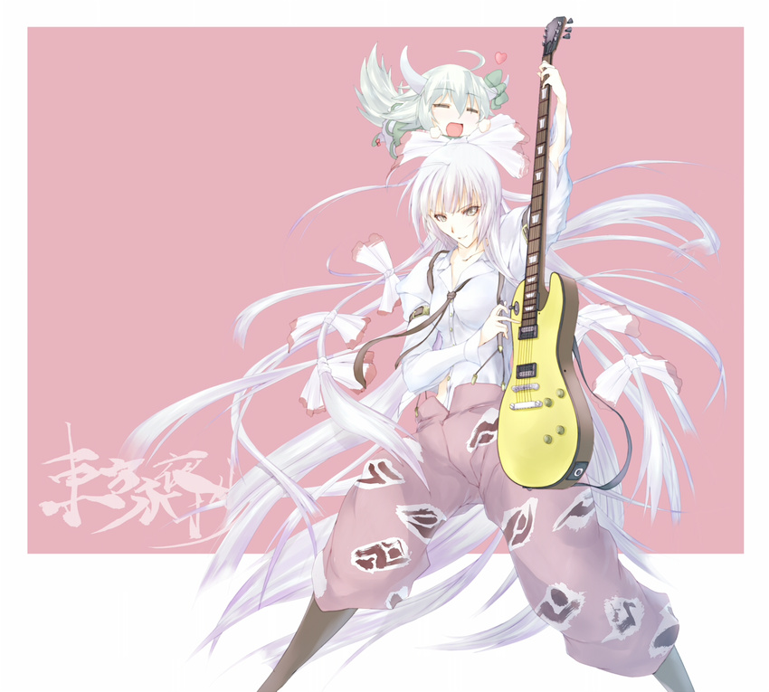 2girls arm_up bad_id bad_nicoseiga_id bow chibi chibi_on_head electric_guitar fujiwara_no_mokou grey_eyes guitar hair_ribbon hairbow heart highres hiichisato horn_ornament horn_ribbon horns instrument kamishirasawa_keine long_hair multiple_girls on_head puffy_pants ribbon solo_focus touhou tress_ribbon very_long_hair white_hair