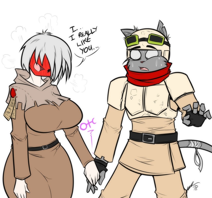 anthro armor awkward bandage belt better_version_at_source big_breasts blush bodily_fluids breasts carapace clothing dialogue duo eyewear fangs felid felinid female fingerless_gloves gloves goggles hair hand_holding handwear heresy huge_breasts human human_on_anthro interspecies mammal open_mouth purity_seal robe scarf sexualyeti sharp_teeth shoulder_pads sisters_of_battle slaanesh steam sweat tattoo teeth thick_thighs warhammer_(franchise) wide_hips