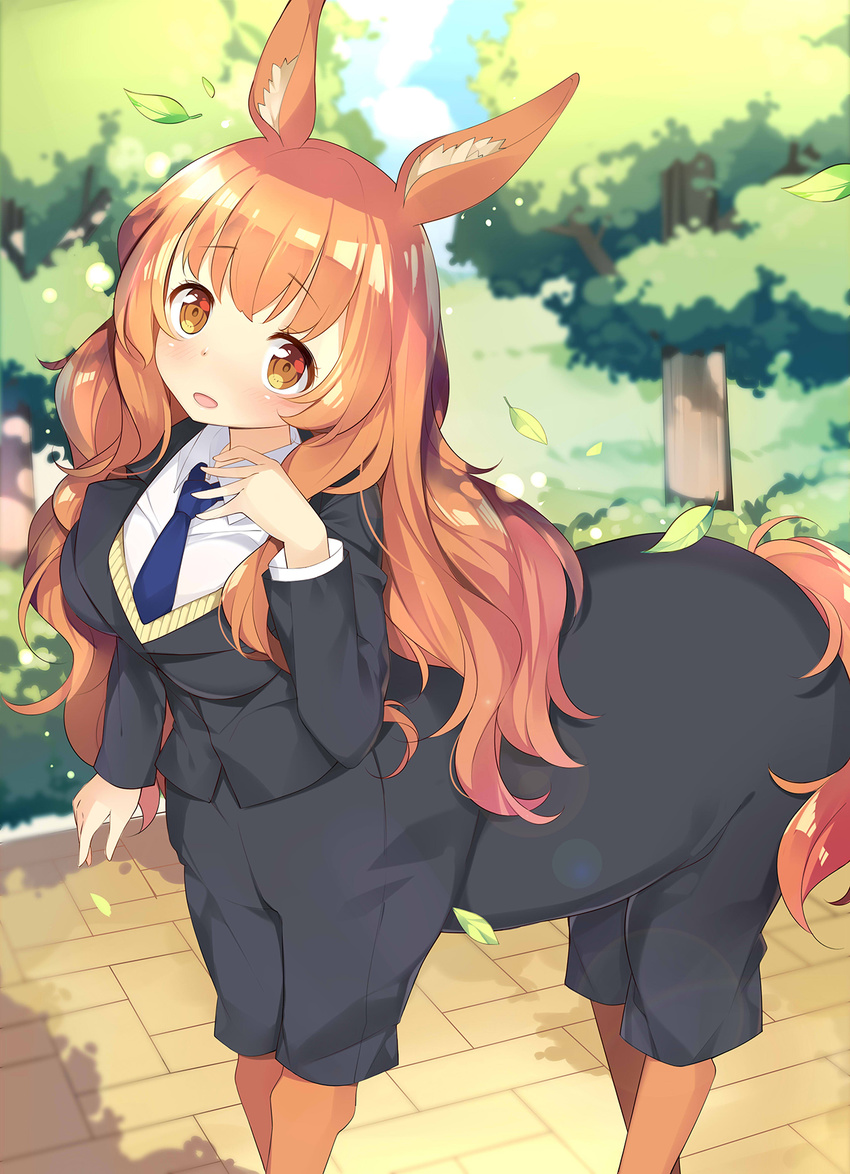 animal_ears bad_id bad_pixiv_id blazer blue_necktie brown_eyes centaur centaur_no_nayami day female formal hand_on_own_chest highres horse_ears horse_tail jacket kikistark kimihara_himeno leaf lens_flare long_hair looking_at_viewer monster_girl necktie open_mouth orange_hair orange_tail outdoors photoshop_(medium) school_uniform solo standing tail taur wavy_hair