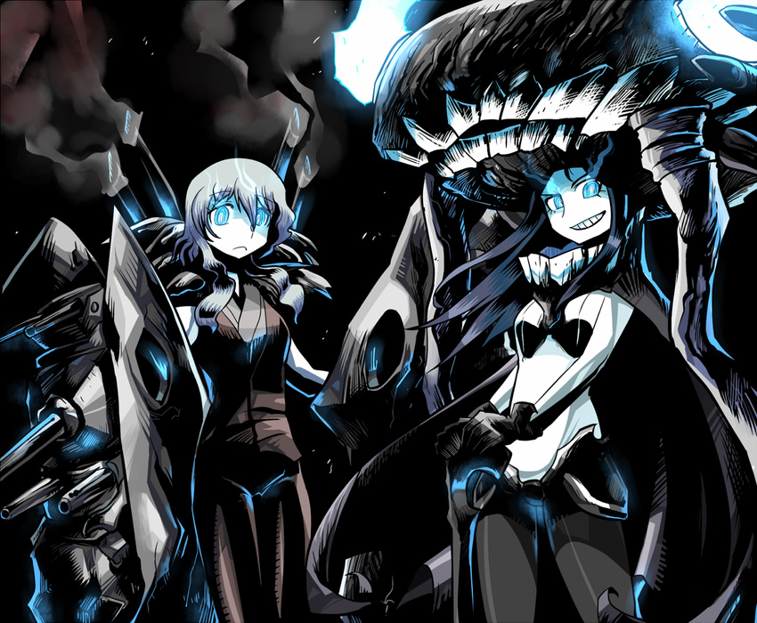 2girls abyssal_ship black_gloves black_hair blue_eyes bodysuit cannon cape commentary_request cosplay costume_switch gloves glowing glowing_eyes grin kantai_collection long_hair looking_at_viewer machinery multiple_girls pale_skin rariatto_(ganguri) ru-class_battleship ru-class_battleship_(cosplay) short_hair_with_long_locks smile staff white_hair wo-class_aircraft_carrier wo-class_aircraft_carrier_(cosplay)