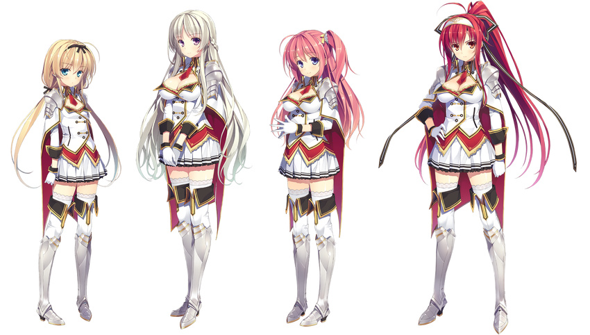 4girls absurdres armor armored_boots armored_dress blonde_hair blue_eyes boots breasts cape cleavage fujikura_miyabi full_body gloves greaves hairband half_updo hand_on_own_hip highres juukishi_cutie_bullet knee_boots large_breasts long_hair medium_breasts minami_mayu multiple_girls necktie own_hands_together pauldrons pink_hair ponytail purple_eyes red_eyes red_hair reina_de_medishi sara_tefal shoulder_armor side_ponytail skirt small_breasts standing thighhighs transparent_background twintails uniform v_arms white_hair yuuki_hagure zettai_ryouiki