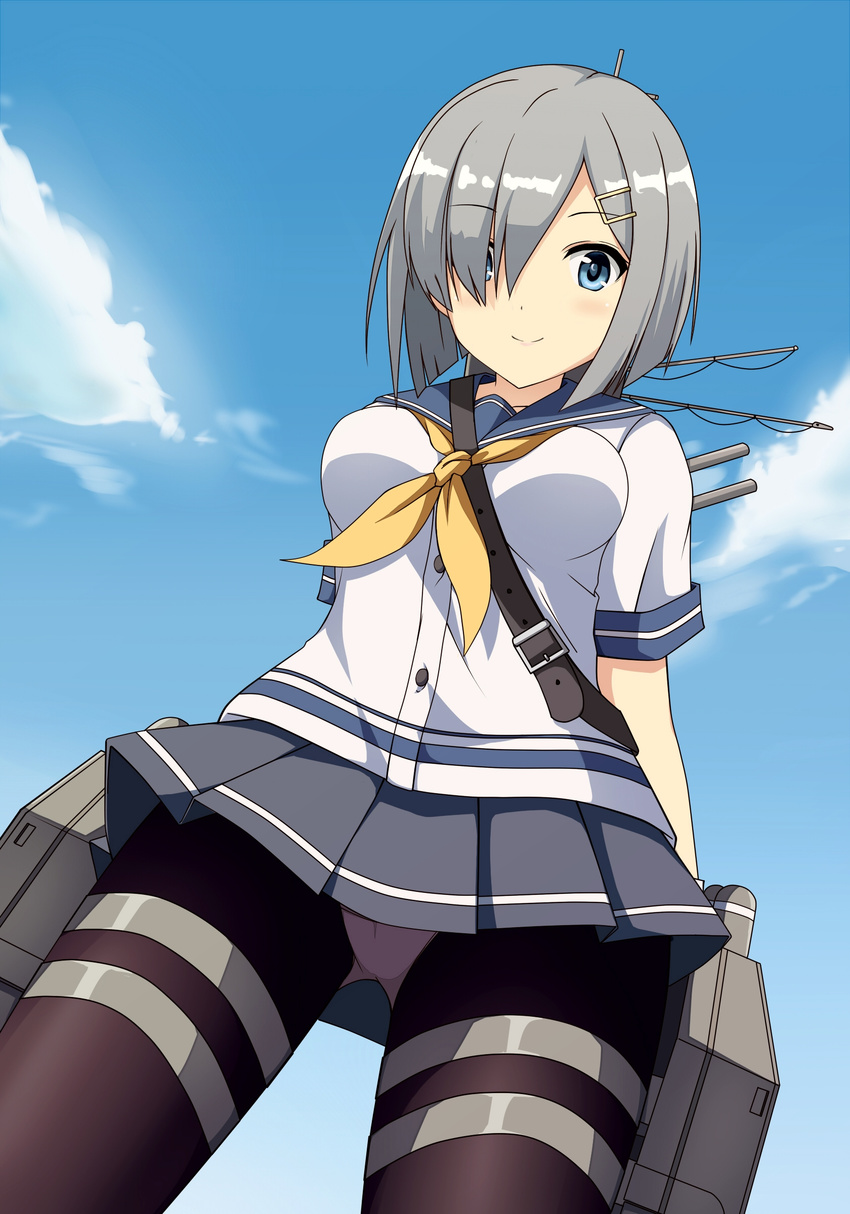 absurdres blue_eyes breasts commentary_request female grey_hair hair_ornament hair_over_one_eye hairclip hamakaze_(kancolle) highres kakura_yoshiki kantai_collection large_breasts looking_at_viewer machinery panties panties_under_pantyhose pantyhose school_uniform serafuku short_hair short_sleeves smile solo turret underwear