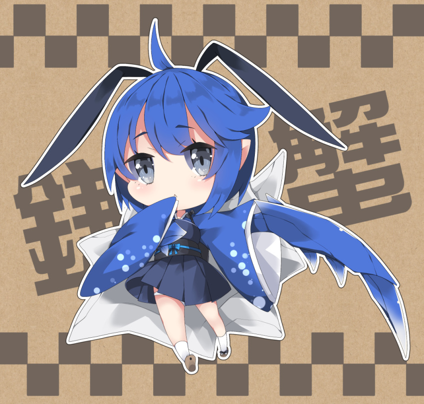 :< ahoge black_ribbon blue_bow blue_hair blue_kimono blue_skirt bow brown_footwear chibi closed_mouth commentary_request female grey_eyes hair_flaps hair_ribbon japanese_clothes kimono long_sleeves milkpanda monster_hunter_(series) obi panties personification pleated_skirt ribbon sandals sash shoe_soles shogun_ceanataur short_hair short_kimono sidelocks skirt sleeves_past_fingers sleeves_past_wrists socks solo tail translated underwear white_panties white_socks wide_sleeves zouri