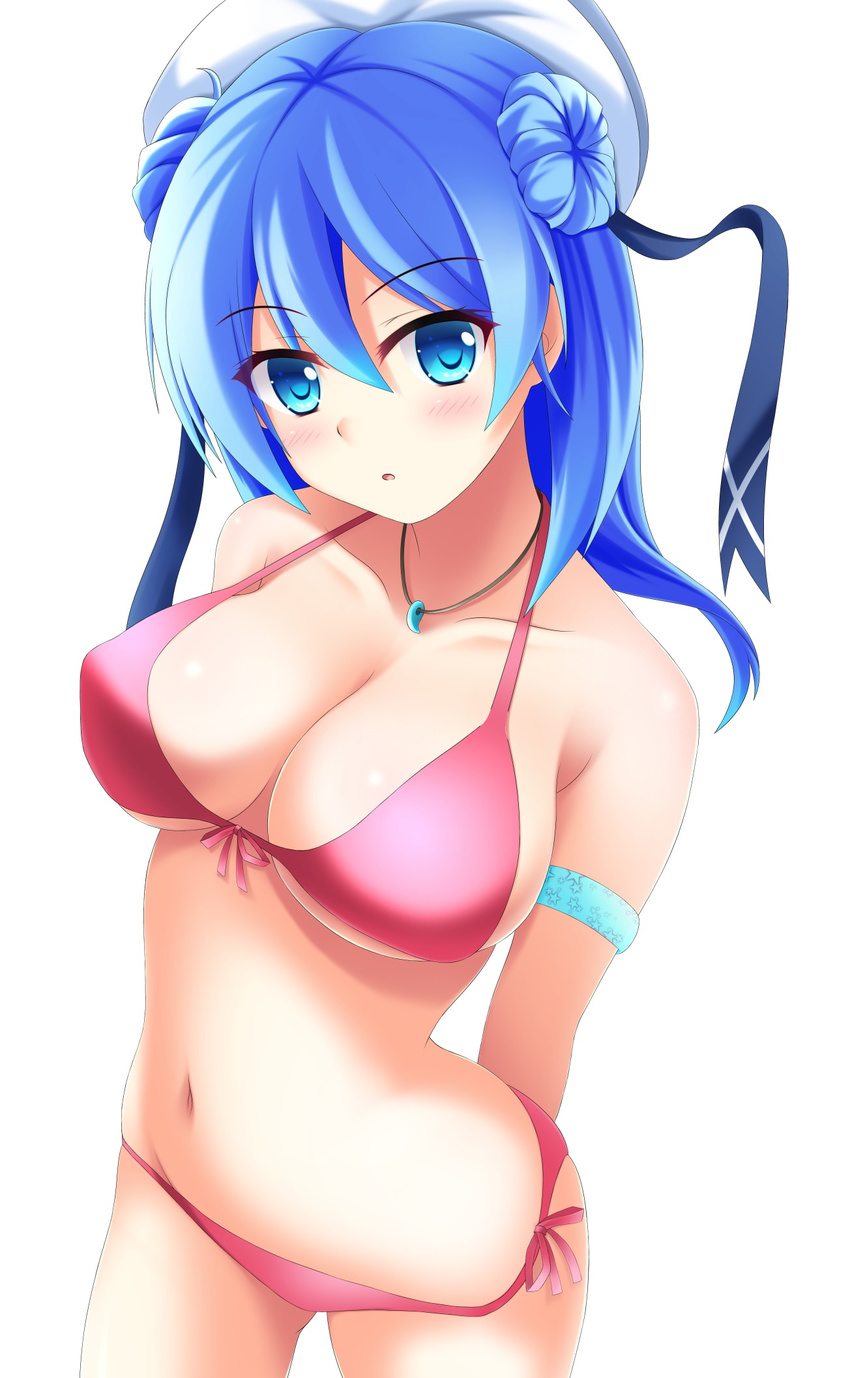 alternate_costume armband bad_id bad_pixiv_id bikini blue_eyes blue_hair blush breasts collarbone double_bun eyebrows female front-tie_bikini_top front-tie_top hair_bun hat highres kantai_collection karin_(rei862) large_breasts looking_at_viewer magatama navel open_mouth pink_bikini sailor_hat side-tie_bikini_bottom simple_background solo star_(symbol) star_print swimsuit urakaze_(kancolle) white_background white_hat