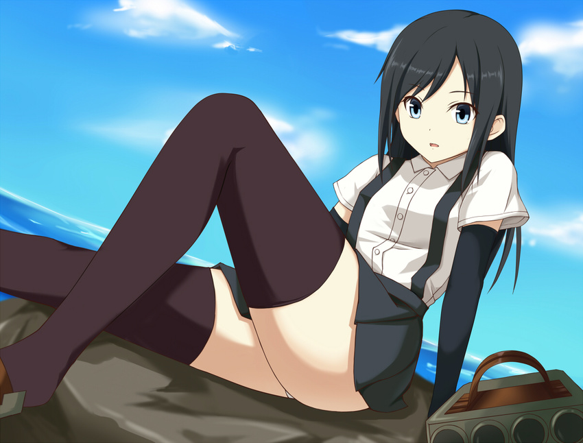 arm_support asashio_(kancolle) black_hair blue_eyes commentary_request female kakura_yoshiki kantai_collection long_hair looking_at_viewer machinery open_mouth panties sitting solo thighhighs underwear white_panties