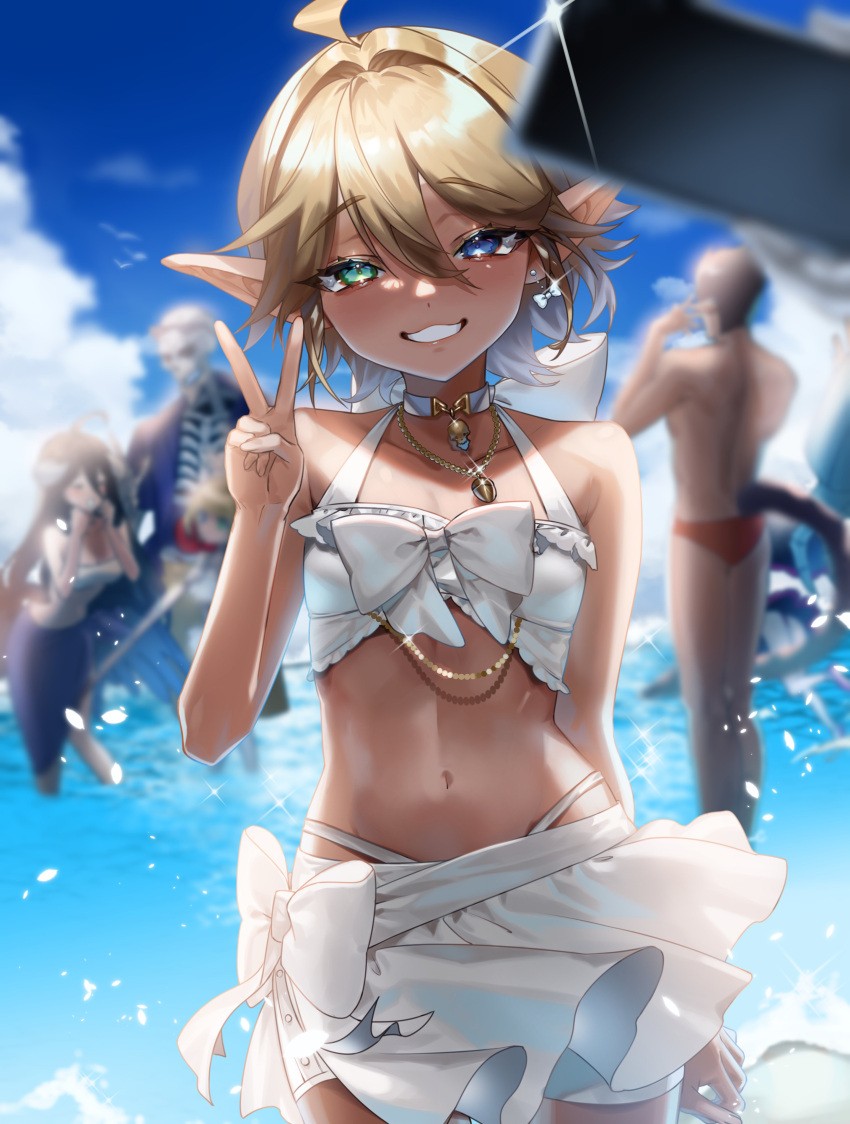 3girls 4boys absurdres ahoge ainz_ooal_gown albedo_(overlord) aura_bella_fiora bikini bikini_skirt blonde_hair blue_eyes bow choker cocytus_(overlord) commentary_request dark_elf day demiurge earrings elf frilled_bikini frills green_eyes hair_between_eyes heterochromia highres jewelry mare_bello_fiore mu_005555 multiple_boys multiple_girls navel necklace overlord_(maruyama) pointy_ears shalltear_bloodfallen short_hair skeleton smile solo_focus swimsuit v white_bikini white_bow