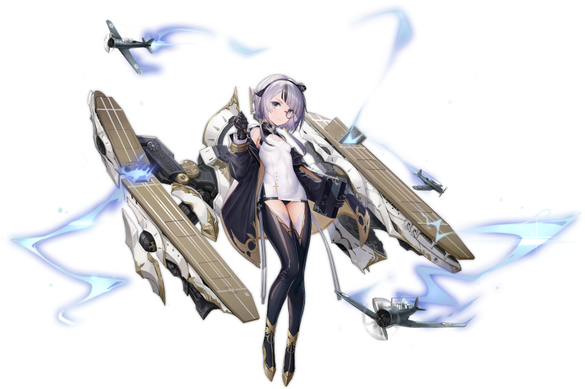 aircraft airplane armpit_cutout asymmetrical_hair azur_lane bearn_(azur_lane) black_coat black_gloves black_hair black_panties blue_coat blue_eyes boots breasts clothing_cutout coat covered_navel cross dress female flight_deck full_body gloves grey_hair gujianshaonu highres holding lightning looking_at_viewer machinery monocle multicolored_hair off_shoulder official_art open_clothes open_coat panties short_dress short_hair skin_tight sleeveless sleeveless_dress small_breasts solo streaked_hair thigh_boots thigh_cutout thighhighs transparent_background two-tone_hair underwear white_dress