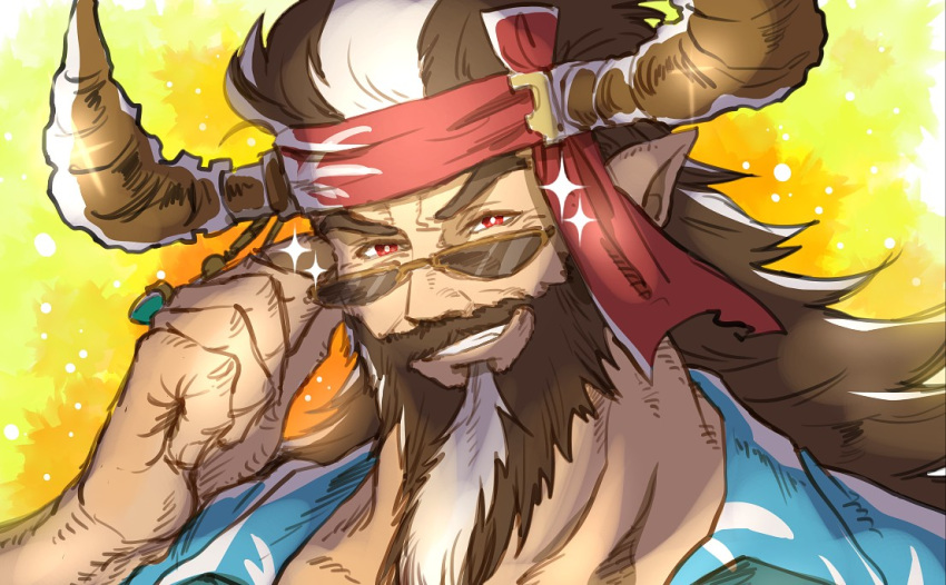 1boy beard brown_hair brown_horns draph facial_hair granblue_fantasy hair_ornament hand_up headband horns jewelry long_beard long_hair looking_at_viewer male_focus multicolored_hair pointy_ears red_eyes red_headband redluck sanwari_(aruji_yume) simple_background solo sunglasses thick_eyebrows two-tone_hair upper_body white_hair yellow_background