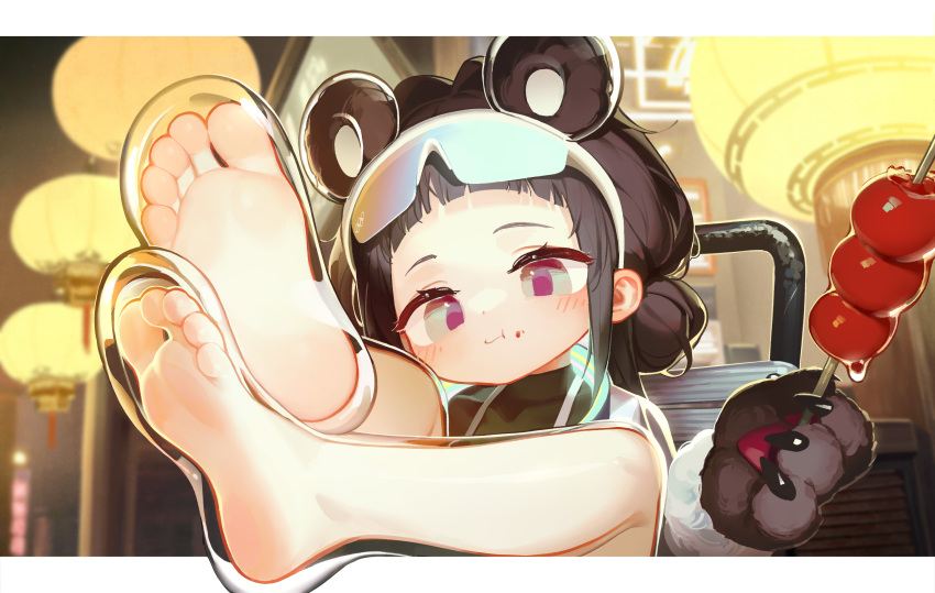 2022_winter_olympics animal_ears animal_hands barefoot bing_dwen_dwen blush brown_fur brown_hair chewing claws eyewear_on_head feet female food food_on_face foot_focus highres holding holding_food lantern legs_up lolicon looking_at_viewer olympics panda_ears panda_girl paper_lantern personification purple_eyes see-through see-through_legwear soles solo sports_sunglasses sunglasses tanghulu tianliang_duohe_fangdongye toes transparent_footwear