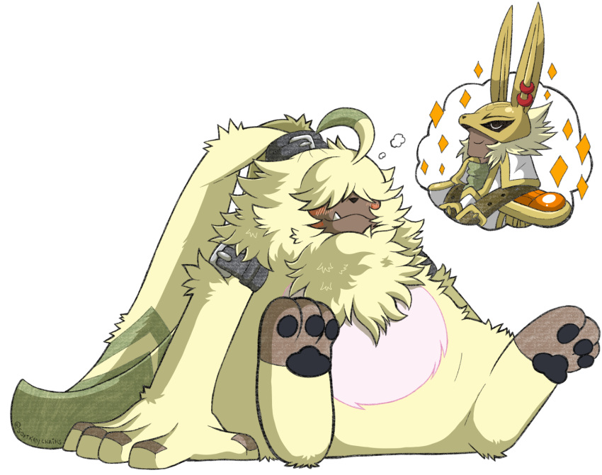 angoramon anthro bandai_namco daydream diarbbitmon digimon digimon_(species) fluffy fur hair hair_over_eyes hi_res humanoid lagomorph leporid long_ears male mammal ponytail_ears portugueselynx rabbit sitting solo yellow_body yellow_fur