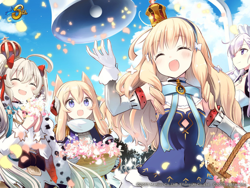 4girls absurdres animal_ears anniversary azur_lane basket belfast_(azur_lane) bell commentary_request crown dog_ears dress flower highres maid maid_headdress multiple_girls oerba_yun_fang official_art petals queen_elizabeth_(azur_lane) second-party_source tsuchii_(ramakifrau) valiant_(azur_lane) warspite_(azur_lane)