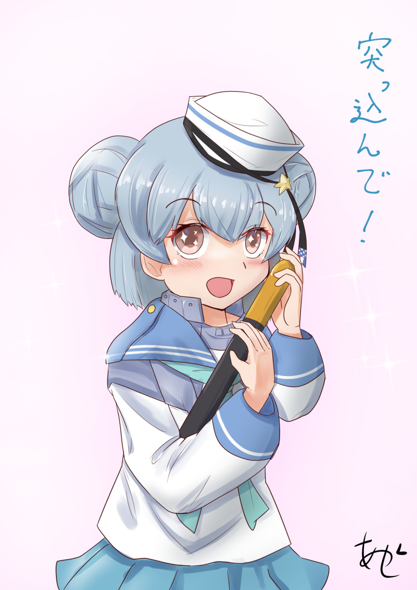 +_+ akashieru aqua_neckerchief aqua_skirt black_ribbon blue_hair blue_sailor_collar brown_eyes commentary_request cowboy_shot dixie_cup_hat double_bun female hair_bun hat hat_ribbon highres holding holding_torpedo kantai_collection long_sleeves military_hat miniskirt neckerchief one-hour_drawing_challenge pleated_skirt ribbon sailor_collar samuel_b._roberts_(kancolle) school_uniform serafuku shirt short_hair simple_background skirt sleeve_cuffs solo torpedo translation_request white_background white_hat white_shirt