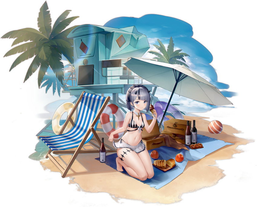 alcohol apple asymmetrical_hair azur_lane bare_arms bare_shoulders barefoot beach_chair beach_mat beach_umbrella bearn_(azur_lane) bearn_(summer_lifeguard)_(azur_lane) bikini blue_hairband bottle bread breasts female food front-tie_bikini_top front-tie_top fruit full_body grey_eyes grey_hair gujianshaonu hair_ornament hairband highres horns innertube kneeling lifebuoy looking_at_viewer medium_hair miniskirt multicolored_hair navel official_alternate_costume official_art palm_tree pleated_skirt short_hair side-tie_bikini_bottom skirt small_breasts smile solo stomach streaked_hair striped_bikini striped_clothes swim_ring swimsuit thigh_strap thighs transparent_background tree umbrella white_skirt wine_bottle