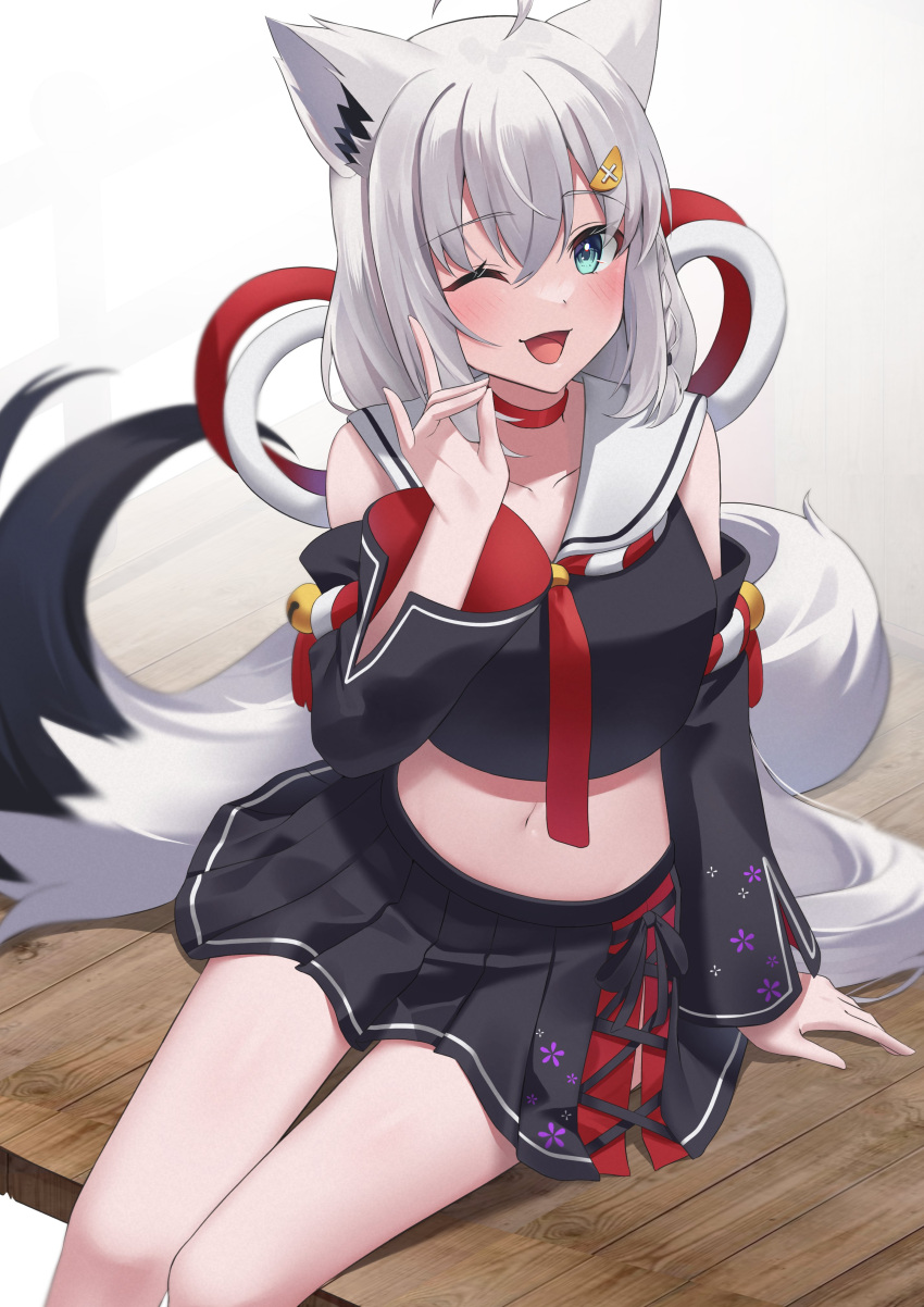 ;d absurdres ahoge animal_ear_fluff animal_ears aqua_eyes bell black_serafuku black_skirt black_sleeves blush braid choker cosplay cropped_shirt cross-laced_slit detached_sleeves female floral_print fox_ears fox_girl fox_shadow_puppet fox_tail hair_between_eyes hand_up highres hololive jingle_bell kouhaku_nawa long_hair looking_at_viewer midriff miniskirt navel neckerchief one_eye_closed ookami_mio ookami_mio_(1st_costume) ookami_mio_(cosplay) open_mouth pendora1022 pleated_skirt red_choker red_neckerchief rope sailor_collar school_uniform serafuku shimenawa shirakami_fubuki side_braid side_slit sidelocks sitting skirt smile solo tail thighs very_long_hair virtual_youtuber white_hair white_sailor_collar wide_sleeves