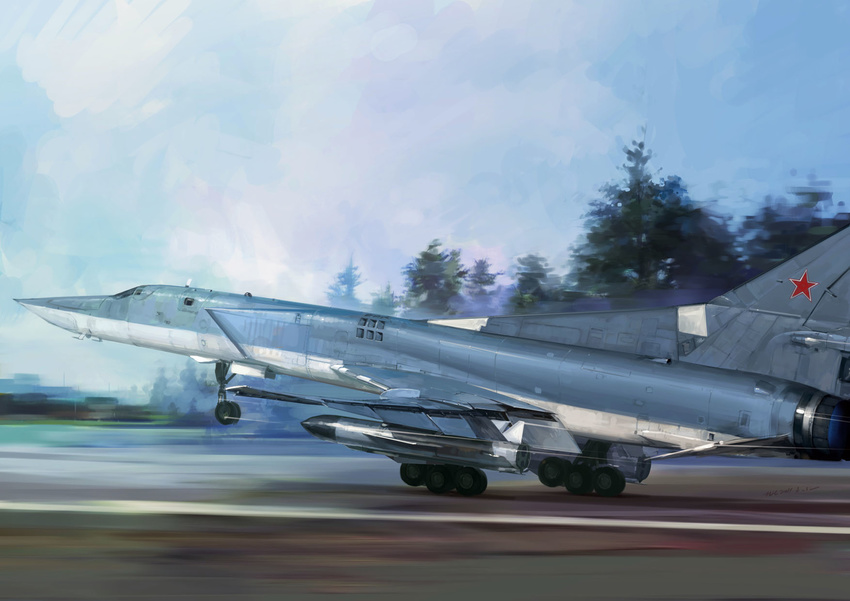 aircraft airplane bomb bomber commentary_request explosive forest highres hjl jet landing_gear military military_vehicle nature no_humans original outdoors photorealistic photoshop_(medium) realistic runway star_(symbol) taking_off tree tu-22m vehicle_focus