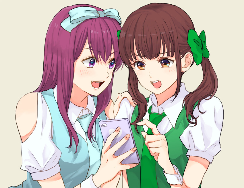 2girls :d blue_bow blue_neckwear blue_vest blush bow brown_eyes brown_hair cellphone facing_viewer green_bow green_necktie green_vest hairbow hand_on_another's_shoulder long_hair multiple_girls necktie open_mouth oshi_ga_budoukan_itte_kuretara_shinu phone purple_eyes s_c_k short_sleeves smartphone smile teramoto_yuuka twintails vest wrist_cuffs yokota_aya