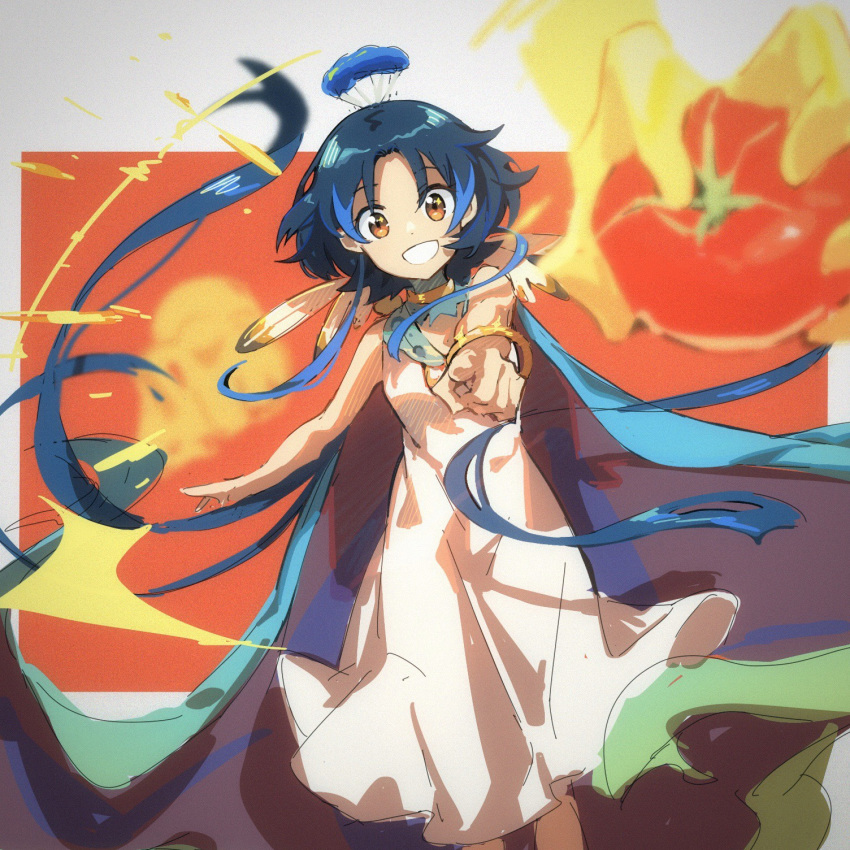 arknights bangle bangs blue_cape blue_hair bracelet breasts cape commentary conviction_(arknights) cowboy_shot disembodied_limb dress feathers female grin hair_ornament highres jewelry kagura_tohru looking_at_viewer orange_eyes parted_bangs pointing pointing_at_viewer short_hair_with_long_locks sleeveless sleeveless_dress small_breasts smile solo symbol_commentary tomato white_dress