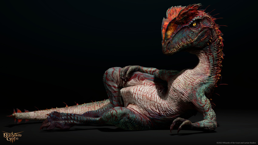 16:9 3d_(artwork) 4k absurd_res ambiguous_gender baldur's_gate bioware bipedal_feral blue_body blue_scales cheek_spikes claws countershading digital_media_(artwork) dilophosaurid dilophosaurus dinosaur draw_me_like_one_of_your_french_girls dungeons_and_dragons electronic_arts english_text extinct facial_spikes feral hand_on_leg hand_on_thigh hasbro head_crest head_spines hi_res looking_at_viewer luna_wullaert lying meme official_art on_side orange_body orange_scales prehistoric_species pubic_boot pupils reclining red_body red_scales red_stripes reptile scales scalie slit_pupils solo spikes spikes_(anatomy) striped_body stripes teeth text theropod white_body white_scales widescreen wizards_of_the_coast yellow_eyes