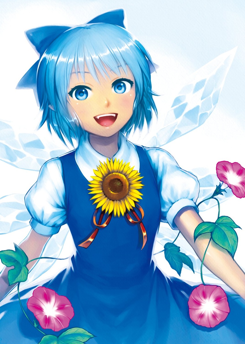 :d artist_name blue_bow blue_dress blue_eyes blue_hair bow cirno commentary_request dress female flower hairbow highres ice ice_wings kageharu looking_at_viewer morning_glory open_mouth pink_flower plant puffy_short_sleeves puffy_sleeves revision short_hair short_sleeves smile solo sunflower tan tanned_cirno touhou vines wings yellow_flower