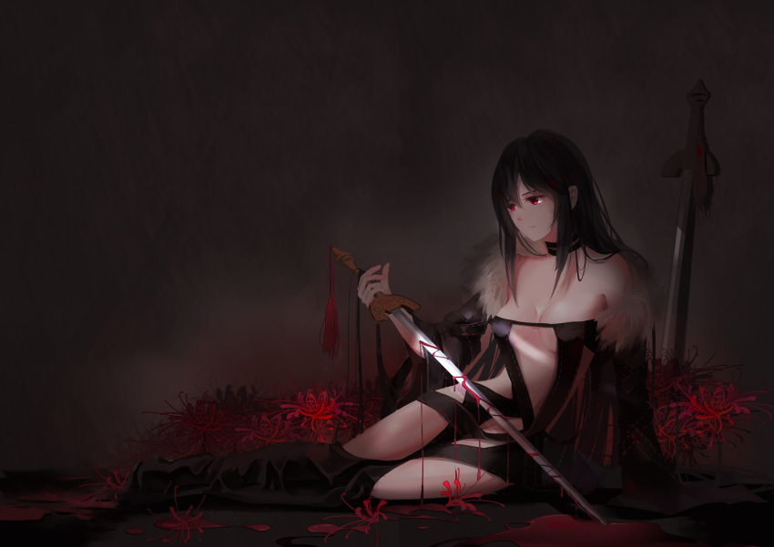 bare_shoulders black_hair breasts cleavage commentary fate/grand_order fate_(series) female flower highres holding holding_sword holding_weapon long_hair looking_to_the_side lying red_eyes red_flower serra solo sword weapon yu_mei-ren_(fate)