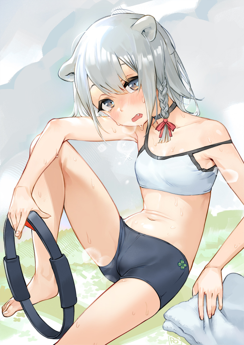 animal_ears barefoot bear_ears bike_shorts black_choker blush braid breath brown_eyes cameltoe choker cloud clover commentary diffraction_spikes english_commentary feet female fingernails four-leaf_clover grey_hair hair_ribbon heavy_breathing highres indie_virtual_youtuber knee_up kumagai_chisato leaning_to_the_side looking_at_viewer navel oerba_yun_fang on_floor open_mouth pollenoxide red_ribbon ribbon ring-con ring_fit_adventure short_hair single_braid sitting solo sports_bra steam strap_slip sweat toenails toes towel virtual_youtuber white_sports_bra