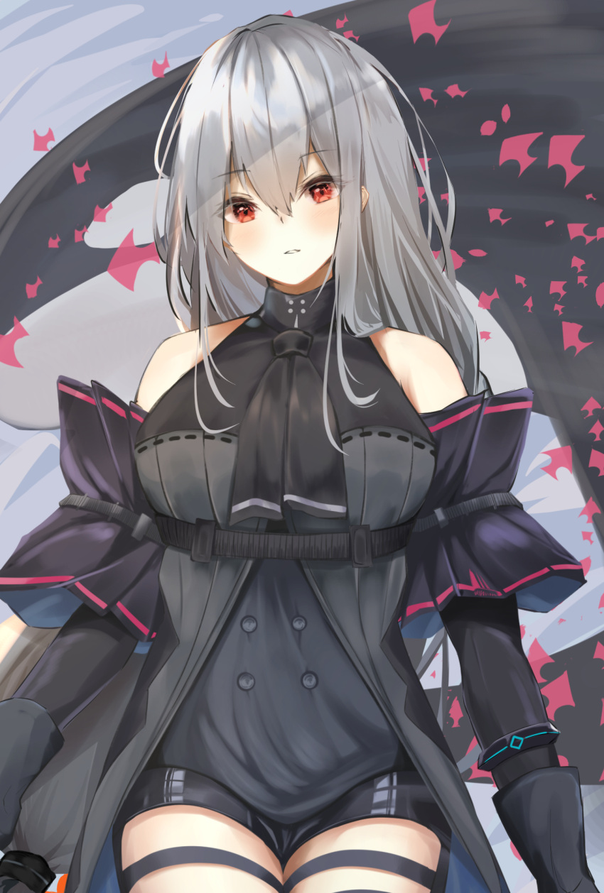 aratake arknights ascot bare_shoulders black_ascot black_gloves black_shirt black_shorts blush breasts feet_out_of_frame female gloves grey_hair highres large_breasts long_hair looking_at_viewer open_mouth red_eyes shirt shorts simple_background skadi_(arknights) skadi_(elite_ii)_(arknights) solo standing wide_sleeves