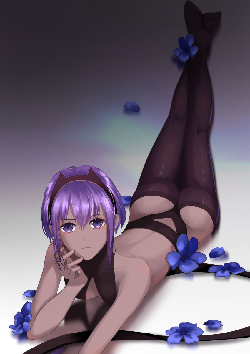 absurdres ass black_thighhighs breasts dark-skinned_female dark_skin eyebrows_hidden_by_hair fate/grand_order fate_(series) female flower hair_between_eyes hairband hassan_of_serenity_(fate) highres looking_at_viewer lying purple_eyes purple_hair ribbon serra short_hair solo thighhighs