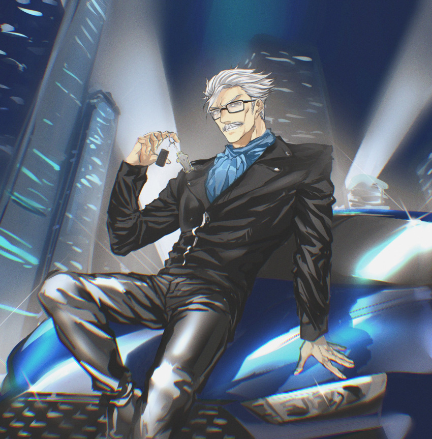 1boy black-framed_eyewear black_footwear black_suit blue_neckwear car facial_hair fate/grand_order fate_(series) formal glasses glint grey_hair ground_vehicle highres james_moriarty_(fate) keychain long_sleeves looking_at_viewer male_focus motor_vehicle moustache night night_sky old old_man on_vehicle outdoors sitting sky skylight solo suit trstfx_(lina)