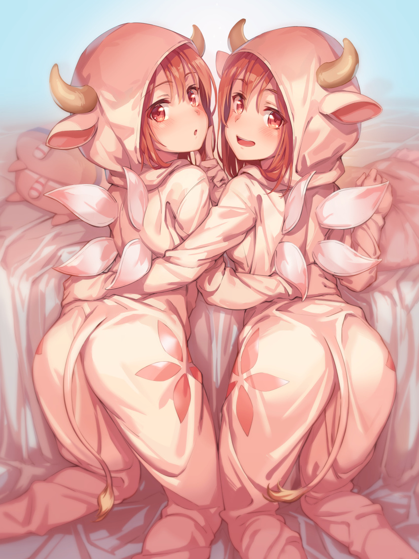 2girls absurdres animal_ears animal_print arm_around_waist ass bed cosplay cow_horns cow_tail fake_animal_ears fake_tail fake_wings finger_to_cheek gyuuki_(yuyuyu) gyuuki_(yuyuyu)_(cosplay) highres hood hooded_pajamas horns index_finger_raised kneeling looking_at_viewer looking_back michairu multiple_girls nogi_wakaba_wa_yuusha_de_aru pajamas pillow red_eyes red_hair tail takashima_yuuna wings yuuki_yuuna yuusha_de_aru