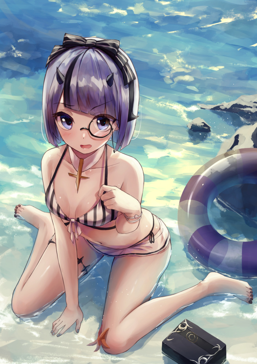 200f_(nifu) absurdres asymmetrical_hair azur_lane barefoot bearn_(azur_lane) bearn_(summer_lifeguard)_(azur_lane) bikini black_bow blue_innertube blush bow breasts female front-tie_bikini_top front-tie_top hair_ornament highres horns innertube looking_at_viewer monocle official_alternate_costume pulling_own_clothes purple_hair see-through sitting skindentation small_breasts solo swim_ring swimsuit thigh_strap wariza water