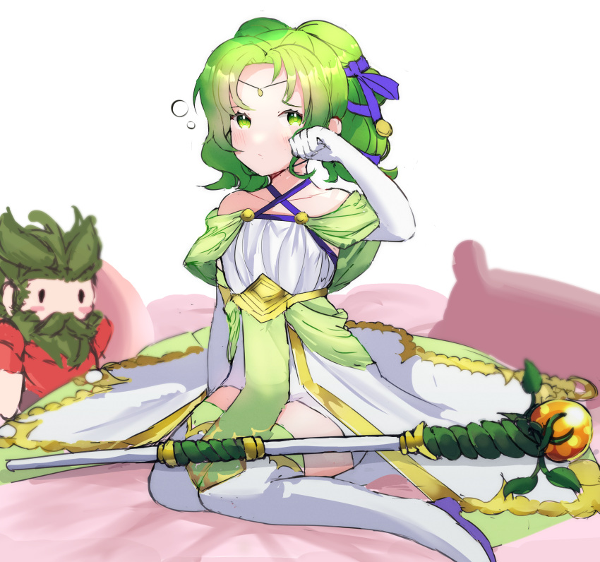 1boy absurdres aged_down bare_shoulders boots dozla_(fire_emblem) dress elbow_gloves female fire_emblem fire_emblem:_the_sacred_stones fire_emblem_heroes gloves green_eyes green_hair highres holding holding_staff juneplums l'arachel_(fire_emblem) l'arachel_(seeker_of_justice)_(fire_emblem) official_alternate_costume pillow sitting squeans staff thigh_boots thighhighs tied_hair white_dress white_footwear white_gloves yokozuwari