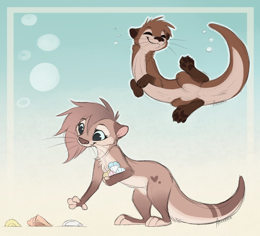 5_toes anthro aseethe blue_eyes brown_body brown_fur brown_pawpads bubble claws collection colored cute_fangs digital_media_(artwork) duo feet female feral fur gradient_background happy heart_(marking) hi_res lying mammal markings mustelid nude on_side otter pawpads paws pickup_(disambiguation) reaching seashell shell simple_background smile soles standing toes whiskers