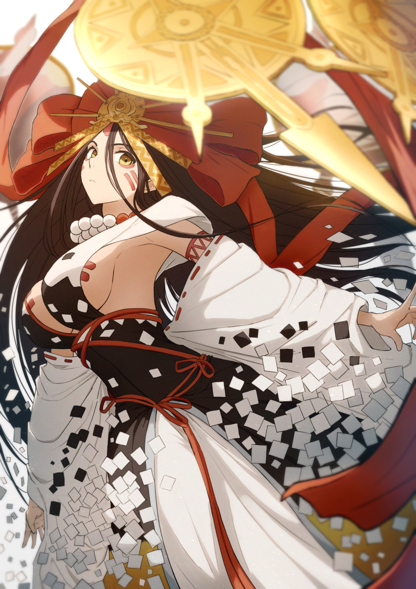 bad_id bad_pixiv_id bare_shoulders bead_necklace beads body_markings breasts brown_hair cleavage collarbone facial_mark fate/grand_order fate_(series) female forehead forehead_mark hair_between_eyes headpiece highres himiko_(fate) himiko_(third_ascension)_(fate) japanese_clothes jewelry kamo_ashi kimono large_breasts long_hair long_hair_between_eyes looking_at_viewer mirror necklace off_shoulder sash solo white_kimono yellow_eyes