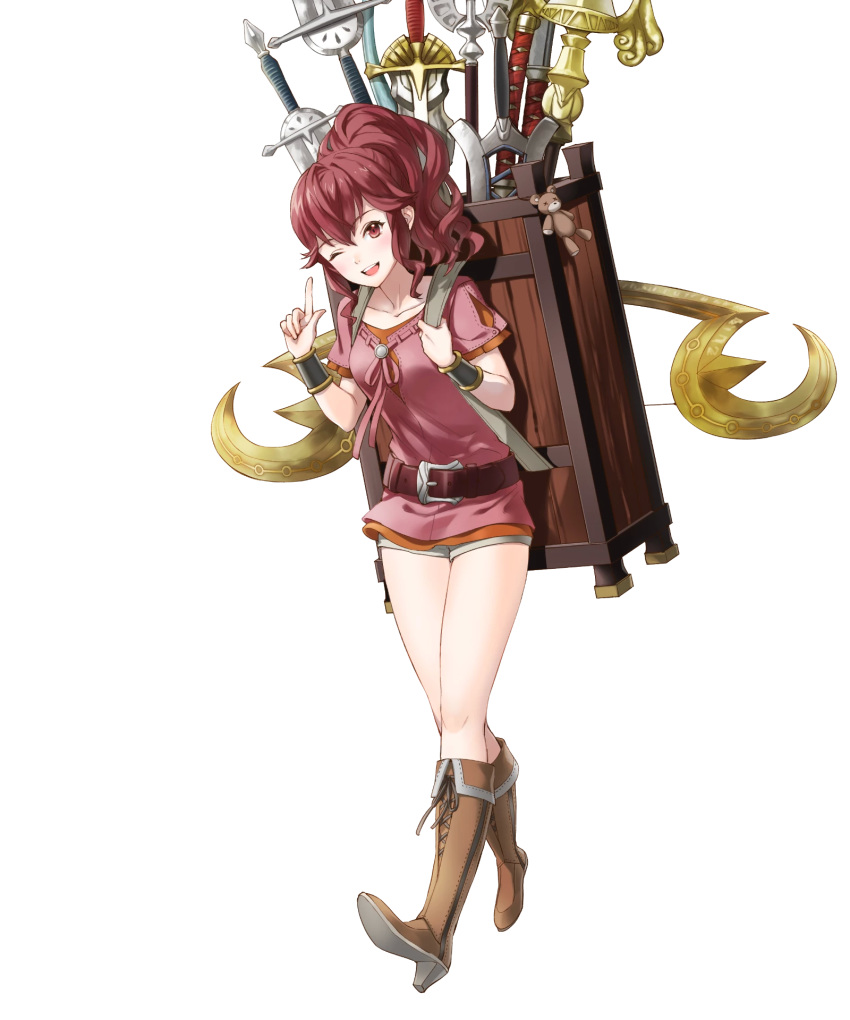 anna_(fire_emblem) backpack bag belt blush boots bracelet breasts brown_footwear charm_(object) collarbone female fire_emblem fire_emblem_awakening fire_emblem_heroes full_body high_heel_boots high_heels highres index_finger_raised jewelry kaya8 knee_boots long_hair looking_at_viewer medium_breasts multiple_weapons non-web_source official_art one_eye_closed open_mouth ponytail red_eyes red_hair short_sleeves shorts sidelocks smile solo transparent_background weapon