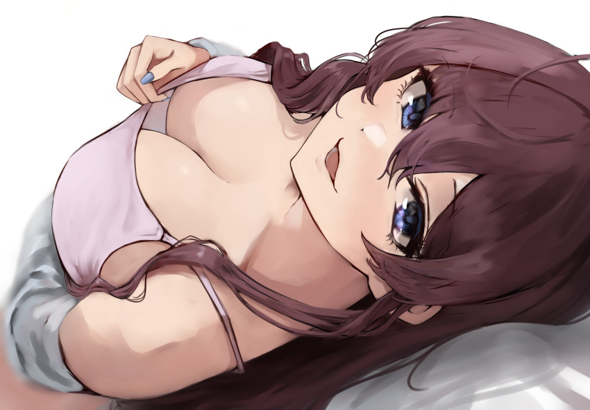 :p absurdres bad_id bad_twitter_id blue_eyes blue_nails breasts brown_hair camisole cleavage commentary downblouse female highres ichinose_shiki idolmaster idolmaster_cinderella_girls lamp_p9 large_breasts long_hair looking_at_viewer lying nail_polish on_back simple_background smile solo tongue tongue_out white_background white_camisole