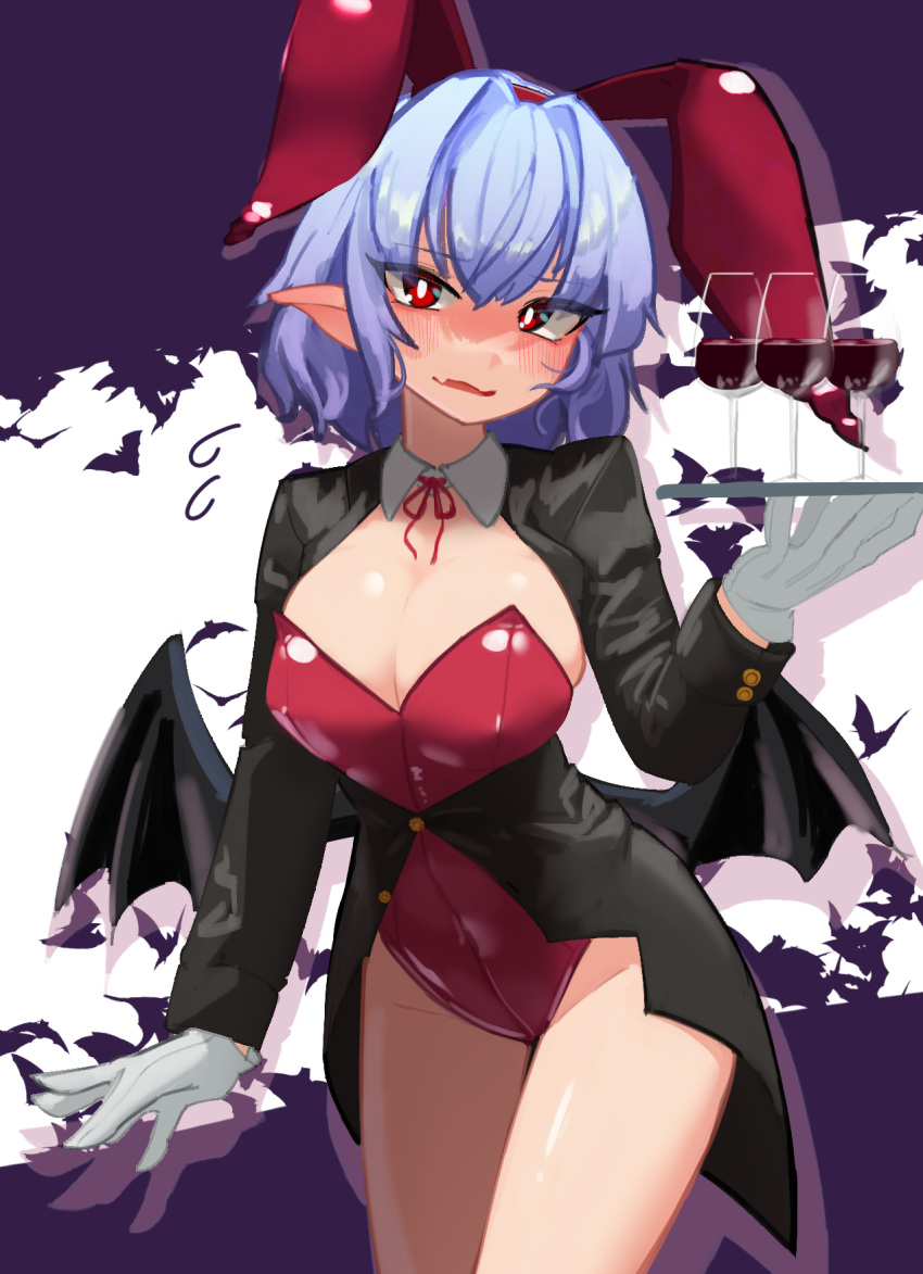 aged_up alternate_costume animal_ears arm_up bat_(animal) bat_wings blue_hair blush breasts bright_pupils buttons cleavage collarbone covered_navel cup drinking_glass ear_blush embarrassed eyelashes fake_animal_ears female flying_sweatdrops gloves groin highleg highleg_leotard highres large_breasts leotard light_blue_hair long_sleeves looking_at_viewer oerba_yun_fang open_mouth playboy_bunny pointy_ears rabbit_ears red_eyes remilia_scarlet shiny_skin short_hair skin_fang solo sweatdrop tailcoat tailcoat_playboy_bunny thighs touhou tray white_gloves white_pupils wine_glass wing_collar wings zakozako_y