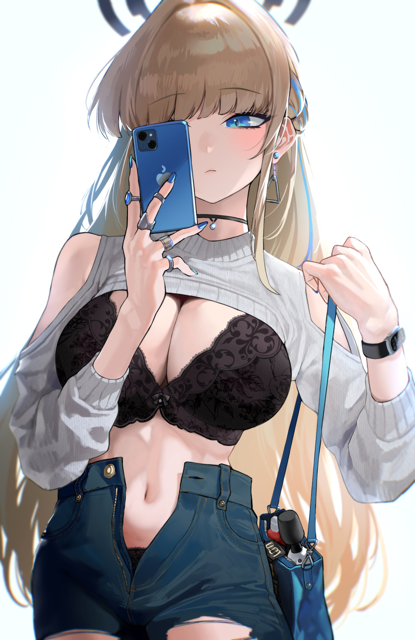 absurdres bag black_bra black_choker blonde_hair blue_archive blue_eyes blue_halo blue_nails bra breasts cellphone choker closed_mouth clothes_lift commentary_request condom condom_wrapper denim earrings female gyaru halo highres holding holding_bag holding_phone jeans jewelry kazane-wind long_hair multiple_rings open_fly panties pants panty_peek phone ring selfie shirt_lift simple_background smartphone smartwatch solo toki_(blue_archive) torn_clothes torn_jeans torn_pants underwear upper_body very_long_hair watch white_background wristwatch