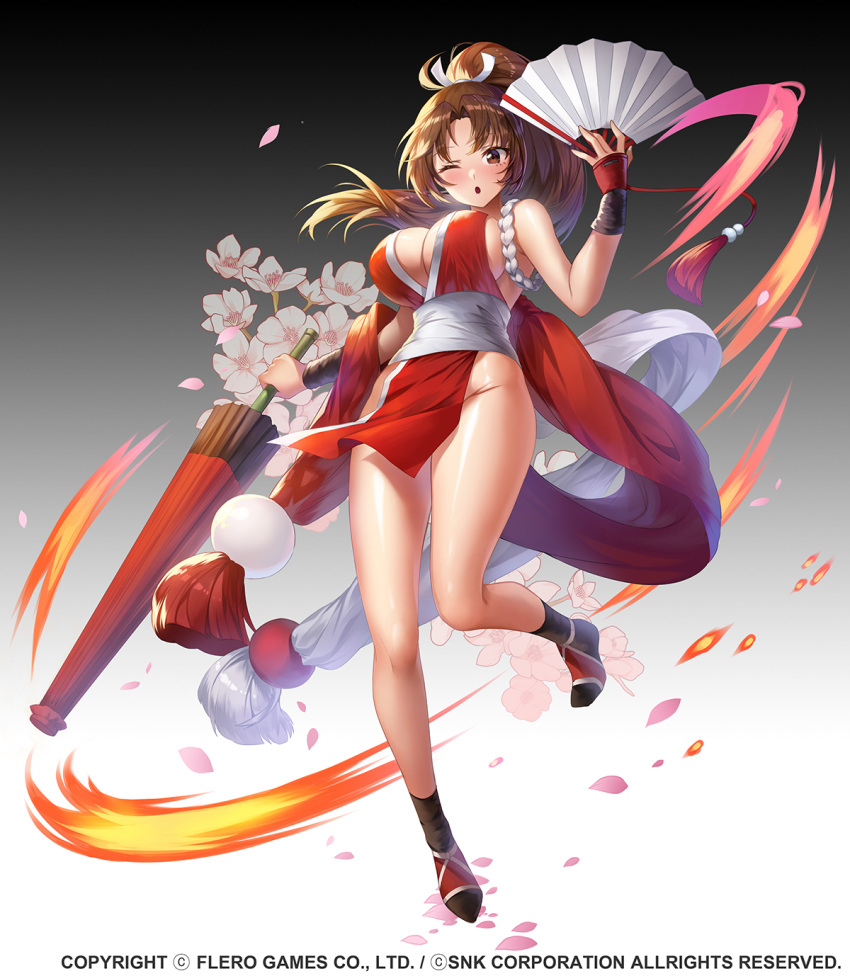 apple_caramel bare_shoulders blush breasts brown_eyes brown_hair cleavage commentary_request company_connection company_name fatal_fury female flower full_body goddess_kiss gradient_background groin hand_fan highres holding japanese_clothes large_breasts leg_up long_hair official_art oil-paper_umbrella one_eye_closed open_mouth pelvic_curtain petals ponytail revealing_clothes rope sash shiny_skin shiranui_mai simple_background sleeveless solo the_king_of_fighters thighs umbrella watermark