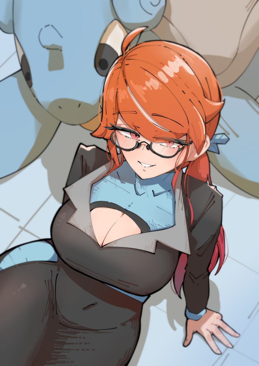 absurdres ahoge azz0422 black_jacket black_skirt black_suit breasts character_doll cleavage cleavage_cutout clothing_cutout collarbone commentary female formal glasses highres jacket lapras large_breasts long_sleeves lorelei_(pokemon) pencil_skirt pokemon pokemon_(creature) pokemon_lgpe ponytail red_eyes red_hair semi-rimless_eyewear sidelocks skirt suit swept_bangs