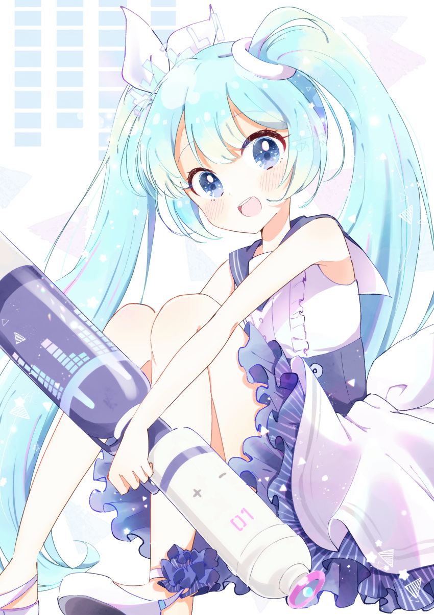 :d absurdres aobahosino audio_visualizer blue_archive blue_eyes blue_hair blue_sailor_collar bow commentary dress female hairbow hatsune_miku highres long_hair looking_at_viewer sailor_collar sitting sleeveless sleeveless_dress smile solo twintails very_long_hair vocaloid white_bow white_dress