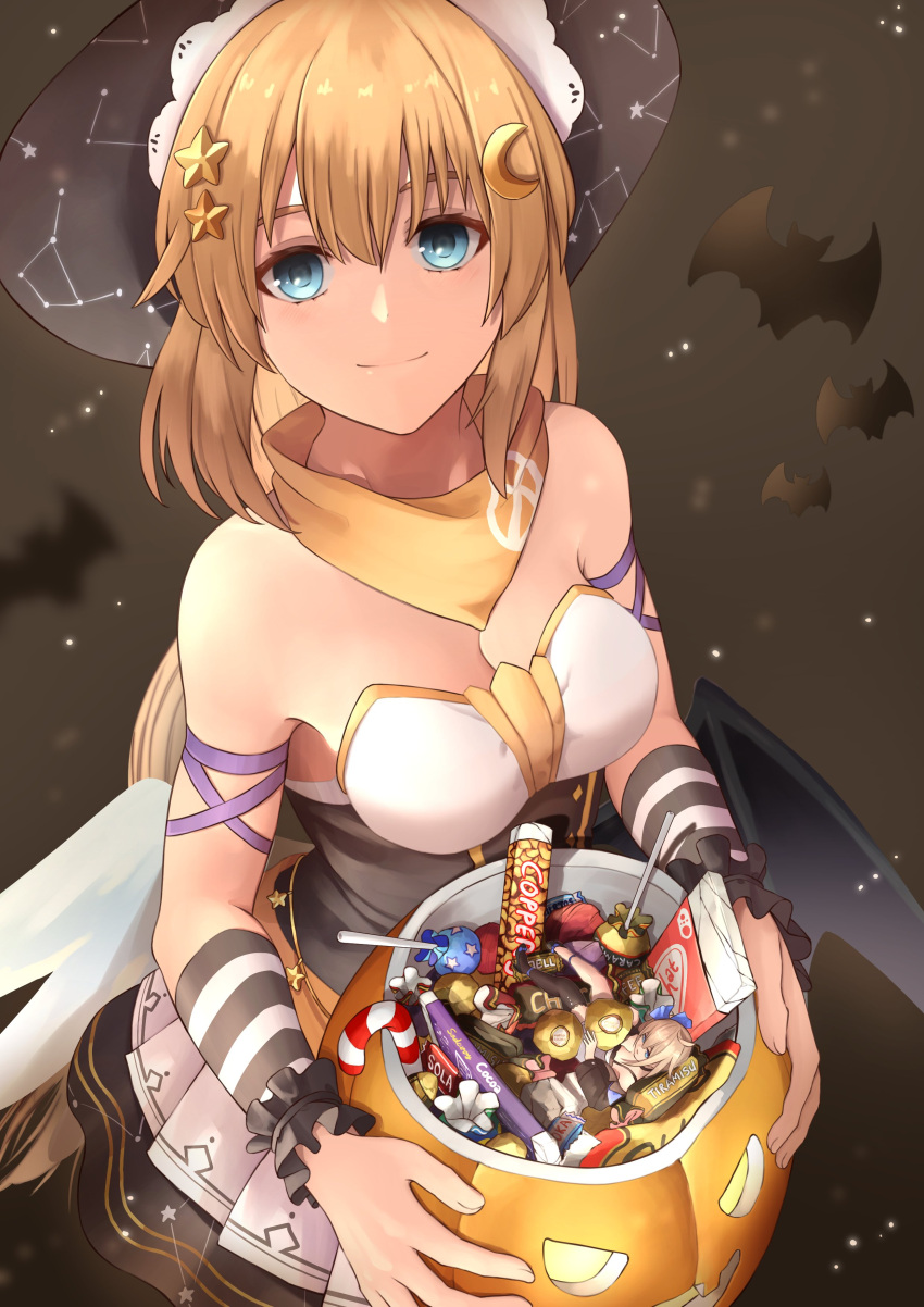 2girls absurdres artist_request bare_shoulders blonde_hair blue_eyes breasts cleavage closed_mouth commission constellation_print fal_(girls'_frontline) fnc_(candy_thief)_(girls'_frontline) fnc_(girls'_frontline) giant giantess girls'_frontline hair_between_eyes hair_ornament hair_ribbon hairclip halloween halloween_bucket halloween_costume happy_halloween hat highres korean_commentary long_hair looking_at_viewer medium_breasts multiple_girls official_alternate_costume open_mouth print_headwear ribbon scarf second-party_source simple_background smile wings yellow_scarf