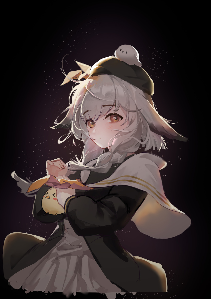 absurdres azur_lane backlighting beret black_background braid capelet chinese_commentary closed_mouth commentary_request dodo1996 female grey_hair hat highres kazagumo_(azur_lane) looking_at_viewer manjuu_(azur_lane) md5_mismatch medium_hair neckerchief orange_eyes own_hands_together sailor_collar single_braid upper_body yellow_neckerchief