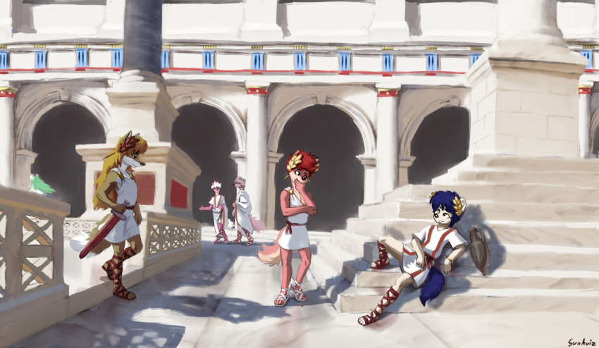 alcohol anthro architecture beverage canid canine canis clothing cyrus_(sunhuiz) ebrius_(sunhuiz) footwear fox group hi_res laurel_wreath male mammal marble melee_weapon outside public roman sandals shirt sunhuiz sword toga topwear tunic weapon white_clothing wine wolf