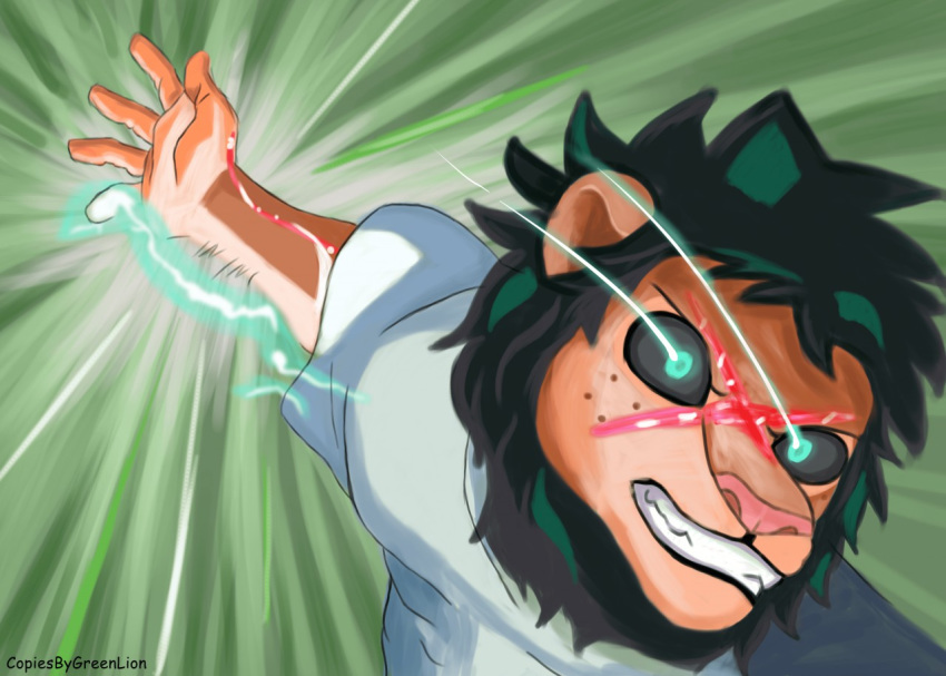 alternate_species anthro clothed clothing felid furrification glowing glowing_eyes greenlion izuku_midoriya lion male mammal my_hero_academia pantherine solo