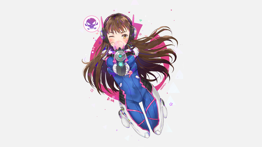 bodysuit brown_eyes brown_hair candy d.va dangmill gloves gun headphones long_hair overwatch signed skintight stars weapon