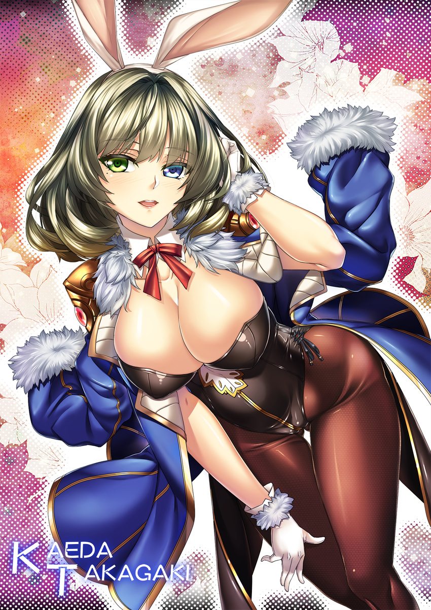 animal_ears blue_eyes breasts character_name cleavage commentary_request cosplay detached_collar female fur_trim granblue_fantasy green_eyes heterochromia highres huge_breasts idolmaster idolmaster_cinderella_girls jacket jacket_on_shoulders jewel_resort_bunnygirl jewel_resort_bunnygirl_(cosplay) leaning_forward mole mole_under_eye pantyhose playboy_bunny rabbit_ears ribbon shirokuma_a short_hair takagaki_kaede wrist_cuffs